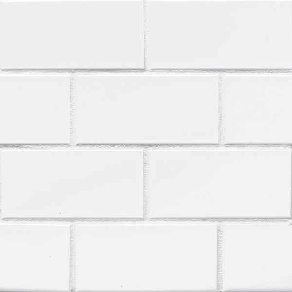White subway tiles with bright white grout.