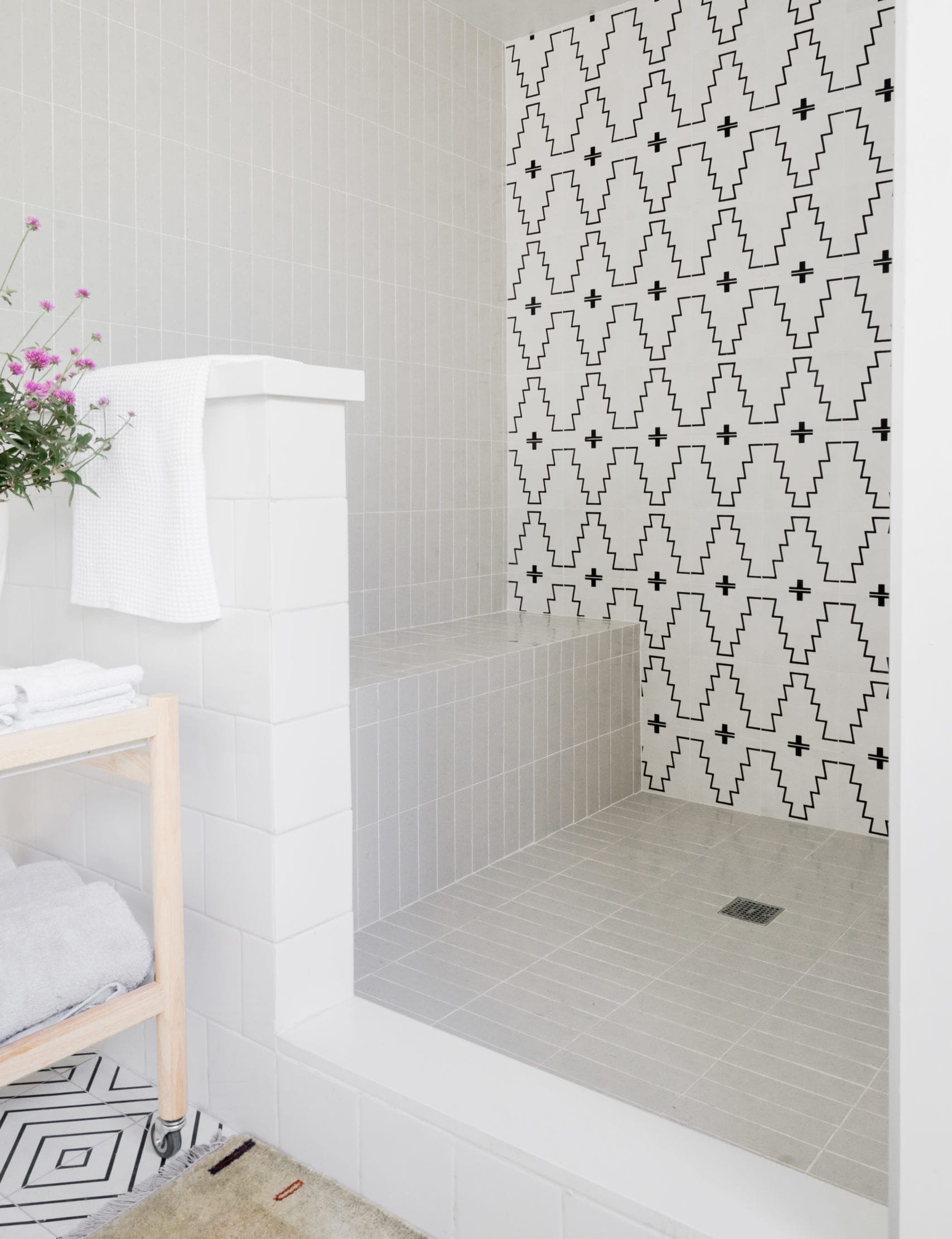natalie myers shower with clé tile modern farmhouse brick cream gloss and new west pattern one cement tile on the wall and floor