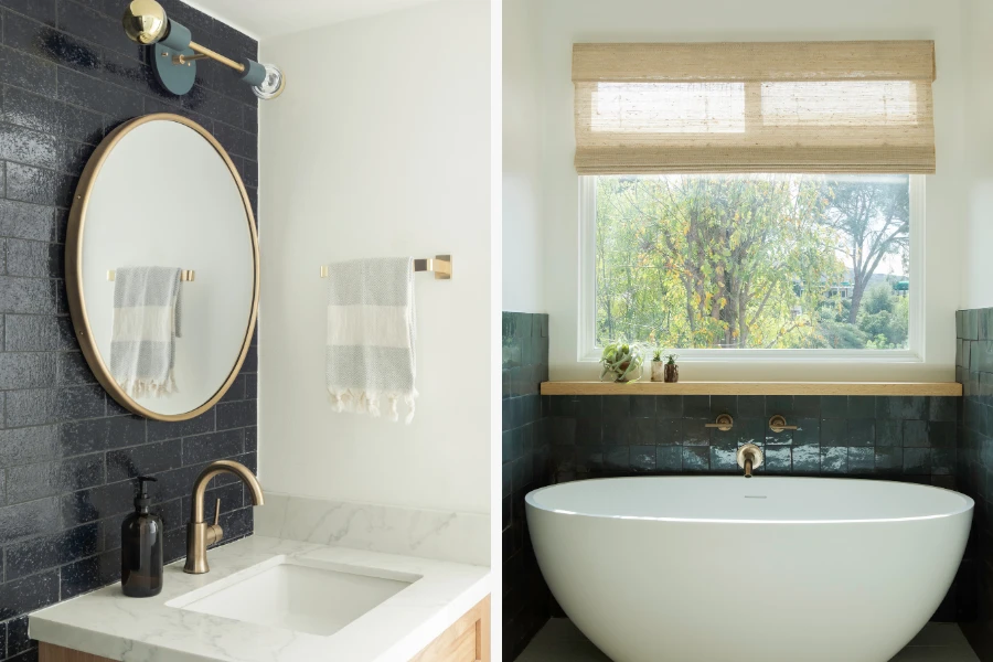 mandy cheng bathroom with (left) modern farmhouse brick in deep blue gloss, (right) 4x4 zellige in pending storm; design
