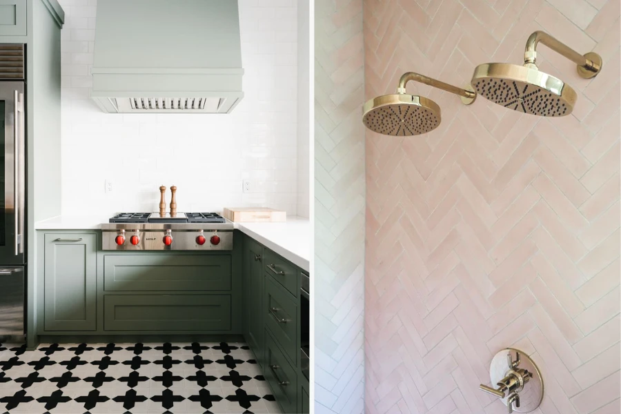 on the left, a kitchen floor tiled with clé cement pattern squares in compass. on the right, a walk-in shower with clé tile cement solid rectangles in mocha.
