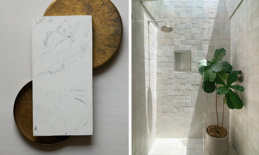 on the left, a single tile from fornace Brioni's tavella cotto variegato line. on the right, a walk-in shower with clé tile eastern earthenware squares in rice paper on the walls and floor.