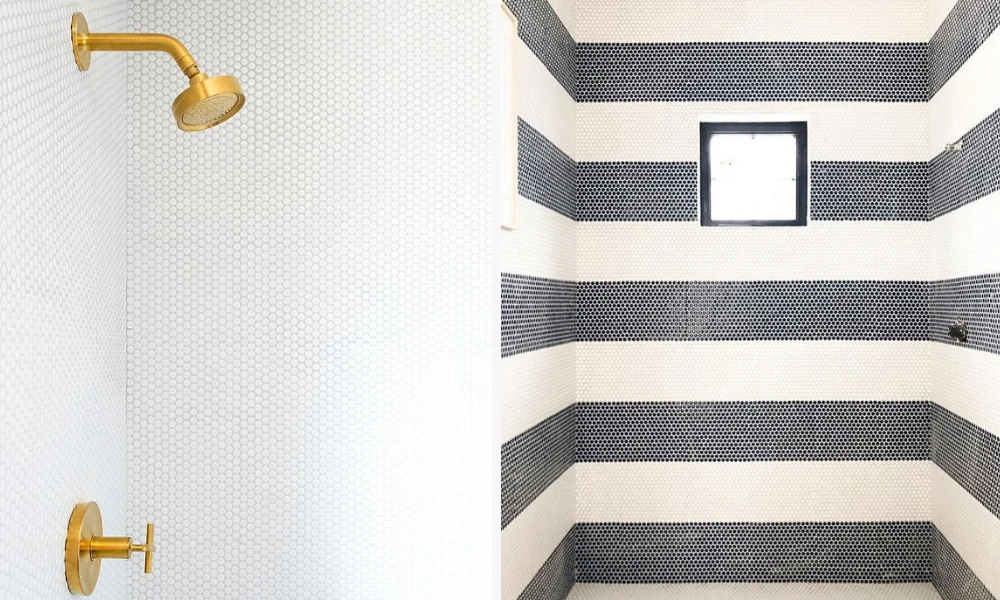 two walk-in showers featuring cle tile ceramic penny rounds in white and black.