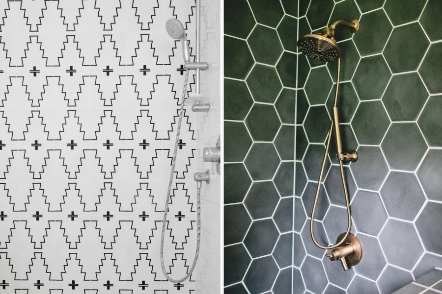 two walk-in showers tiled with clé cement. on the left, clé pattern cement squares in new west. on the right, clé solid cement hexes in black.
