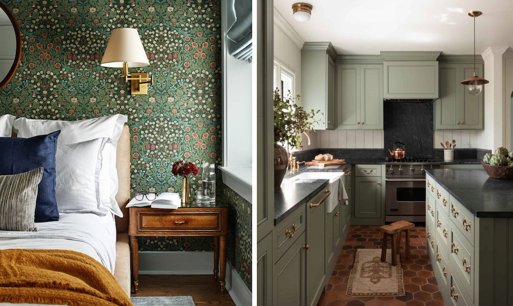 two images of an earth-toned home with green floral wallpaper and green kitchen cabinets.