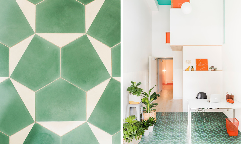 on the left, a close-up image of clé tile patterned cement hexes in hex clip in kelly green and white. on the right, clé tile patterned cement squares in big spin in kelly green and leaf.