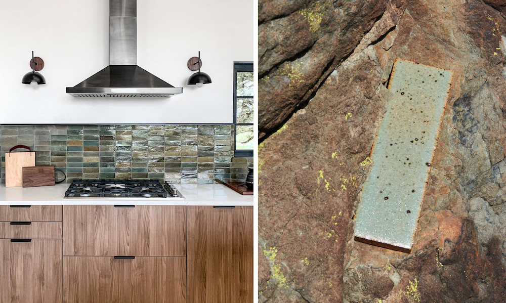 on the left, a kitchen backsplash with clé tile eastern earthenware bejmat tiles in rough jade. on the right, a new california tile in salvia.