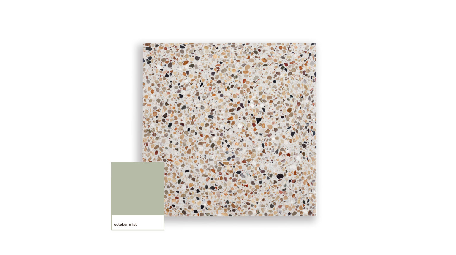 an image showing a pairing of Benjamin Moore’s October Mist with Forage Terrazzo in White