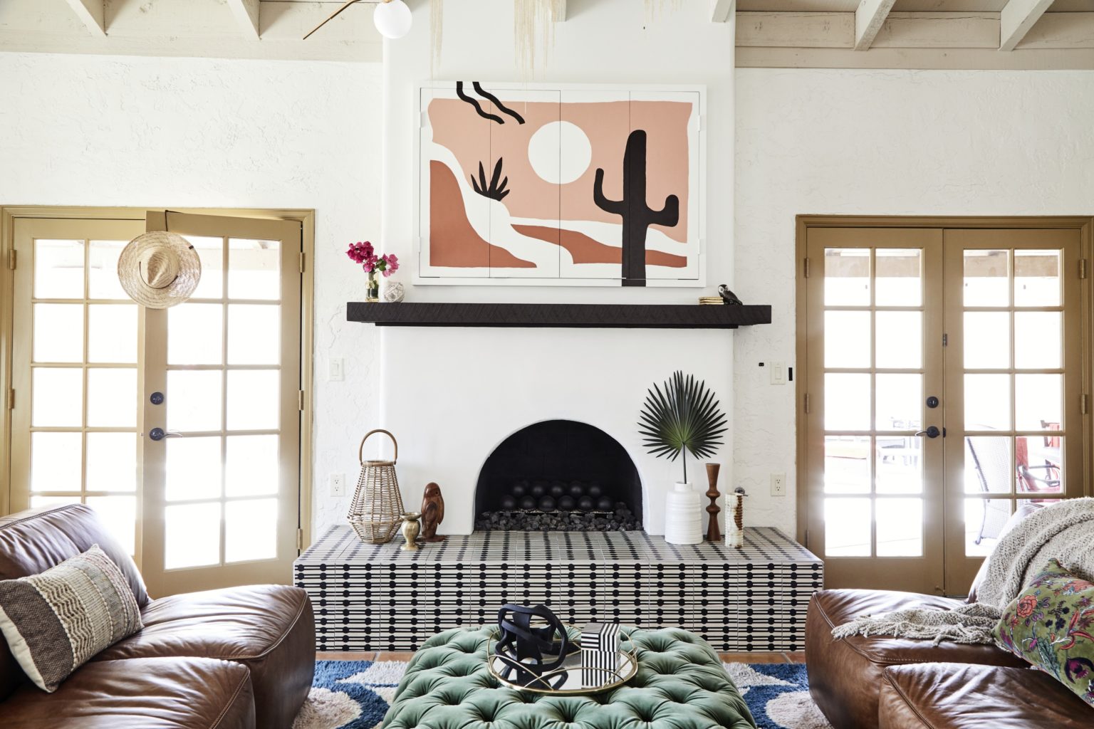 a modern fireplace tiled with clé tile cement squares from artist erica tanov in jacobsen.