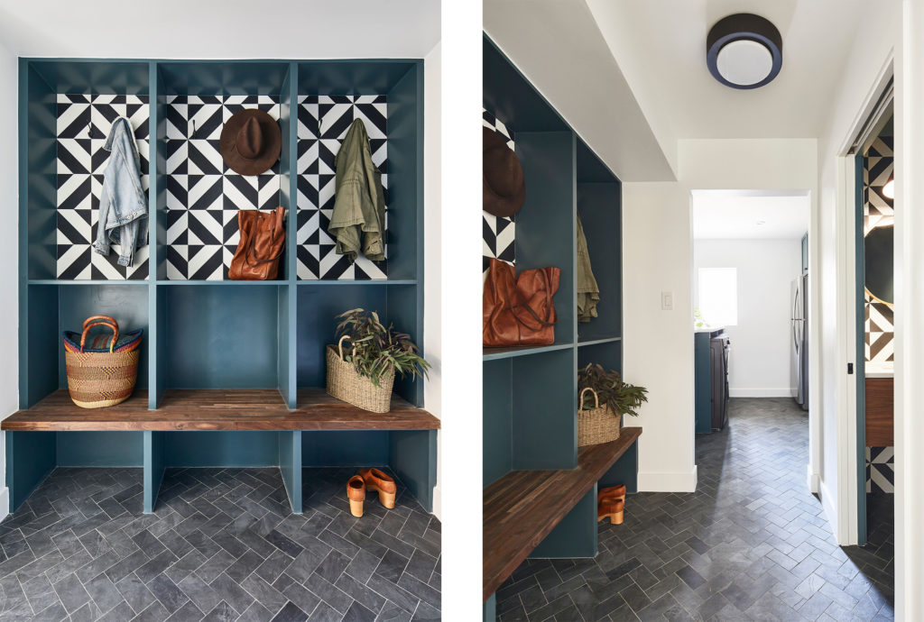 a stylish, geometric mudroom featuring clé tile slate subway tiles on the floor and patterned cement in industrial milan on the cubby wall. 