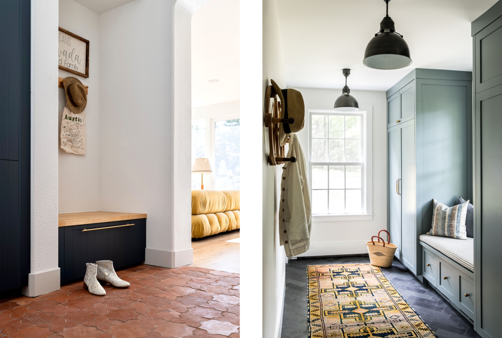 on the left, an urban mudroom with belgian reproduction tiles in terracotta in star and cross on the floor, and on the right, a mudroom floor with slate subway tiles.