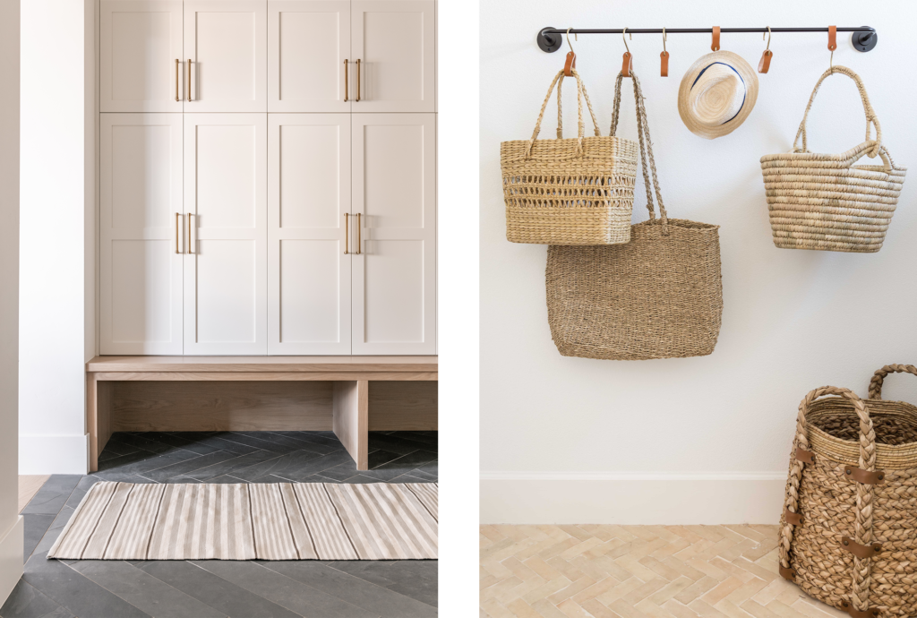 on the left, a mudroom with clé tile slate subway planks on the floor: on the right, clé unglazed zellige tile in natural. 